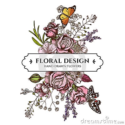 Floral bouquet design with colored shepherd`s purse, heather, iris japonica, sakura, gypsophila, almond, lemon butterfly Vector Illustration