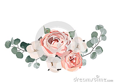 Floral bouquet design: garden pink rose cotton, succulent, eucalyptus branch greenery leaves. Stock Photo