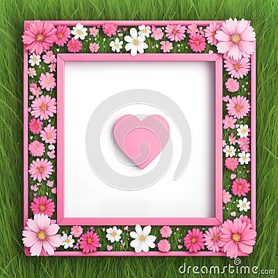 Floral bouquet frame with heart shape inside on green grass background, AI Generated Stock Photo