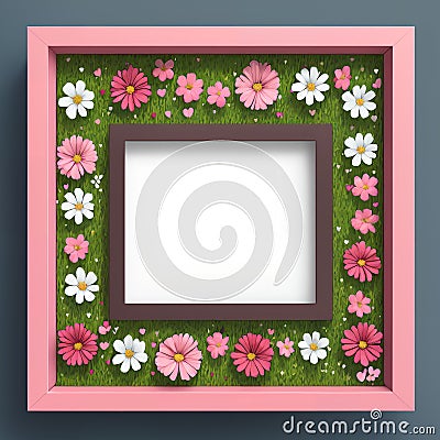 Floral bouquet frame with heart shape inside on green grass background, AI Generated Stock Photo