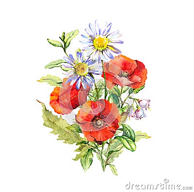 Floral bouquet - poppies, chamomile wild flowers. Watercolor for poster, t-shirt, sticker design Stock Photo