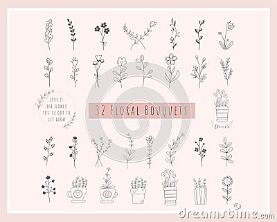 32 Floral Bouquets Bundle. flowers hand drawn, minimalist, wildflowers Wreath, field plants, Flower pot for logo, printing, cricut Vector Illustration