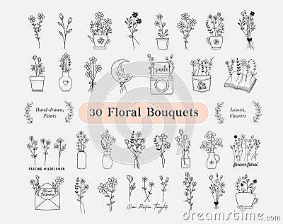 30 Floral Bouquets Bundle. flowers hand drawn, minimalist, wildflowers Wreath, field plants, Flower pot for logo, printing, cricut Vector Illustration