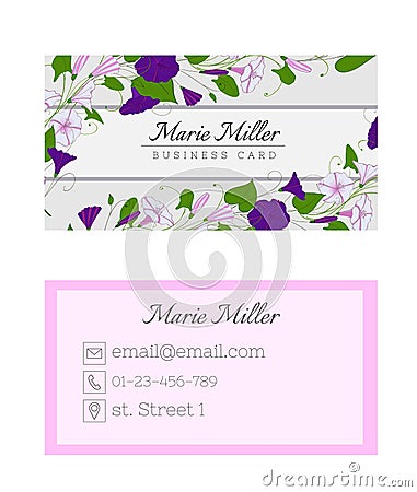 Floral business card template. Elegant feminine design with flowers binweed and convolvulus. Stock Photo