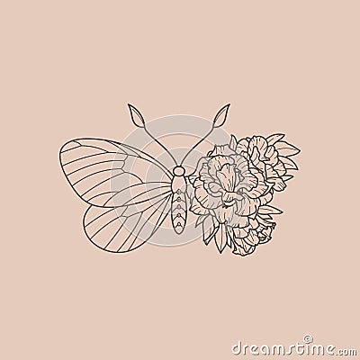 Floral Butterfly icon in a Linear Minimalist trendy style. Vector outline Emblem of Wings with Flowers Vector Illustration