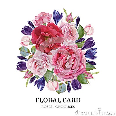 Floral card. Bouquet of watercolor roses and crocuses Stock Photo