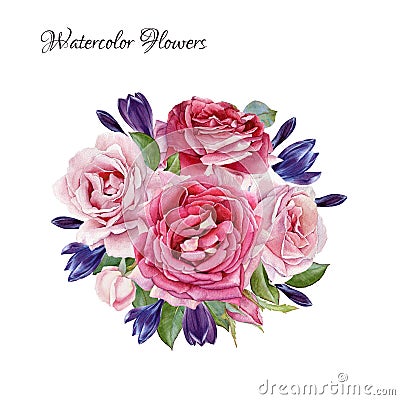 Floral card. Bouquet of watercolor roses and crocuses Stock Photo