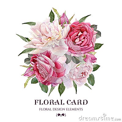 Floral card. Bouquet of watercolor roses and white peonies. Stock Photo