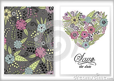 Floral card design, flowers and leaf doodle elements. Cute Vector Illustration