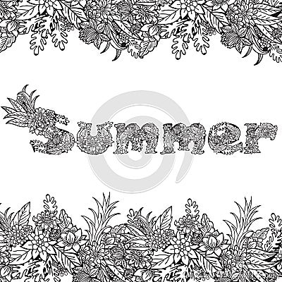 Floral card design, flowers and leaf doodle elements. Letterig text. Vector Illustration