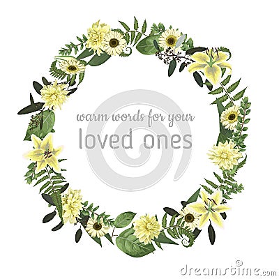 Floral card with forest leaf, fern, branches, buxus, eucalyptus Vector Illustration