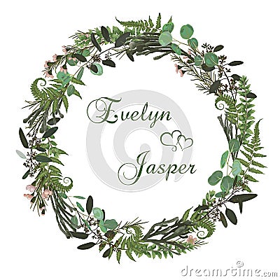 Floral card with leaves eucalyptus, brunia, fern and boxwood. Greenery round frame. Rustic style. For wedding, birthday, party, Vector Illustration