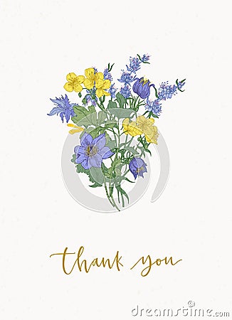 Floral card template with gorgeous bouquet or bunch of purple and yellow meadow blooming flowers and wild flowering Vector Illustration