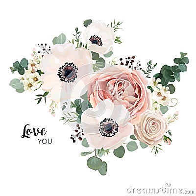 Floral card vector Design: garden flower lavender pink peach Rose white Anemone wax green Eucalyptus thyme leaves elegant greener Vector Illustration