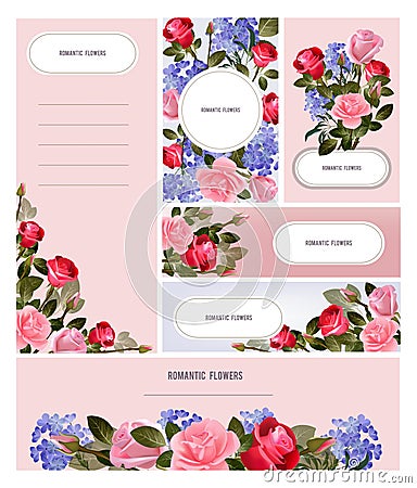 Floral cards templates. Rose postcards, invitation and banners. Flowers vector flyers Vector Illustration