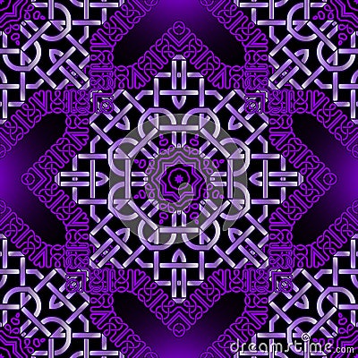 Floral celtic mandalas seamless pattern. Vector lines background. Repeat line art violet arabic ornamets. Intricate curved lines Vector Illustration