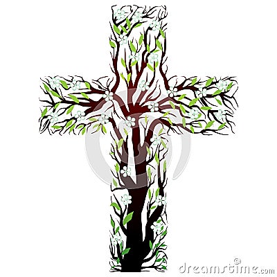 Floral christian cross, tree shape Vector Illustration