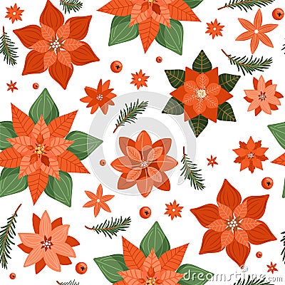 Floral Christmas seamless pattern with poinsettia, tree branch and various flowers. Vector Illustration