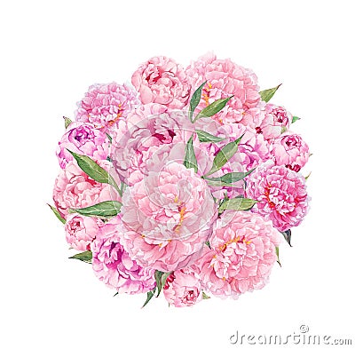 Floral circle background - pink peony flowers. Watercolor Stock Photo