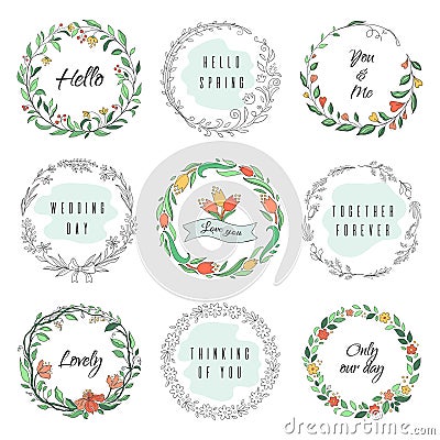 Floral circle doodle frames. Circular laurel wreath, flourish monogram borders, hand drawn botanical shapes. Vector Vector Illustration