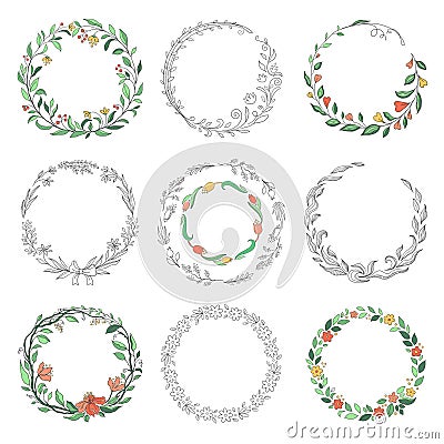 Floral circle doodle frames. Hand drawn linear round borders, florist vintage design elements. Vector doodle circular Vector Illustration