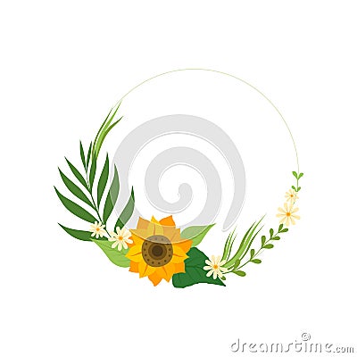 Floral Circle Frame with Sunflower, Green Leaves and Place for Text, Design Element For Greeting Card, Invitation Vector Illustration