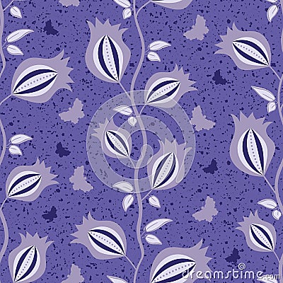 Floral climber and butterflies seamless vector pattern background. Climbing flowers on vine backdrop in periwinkle Vector Illustration