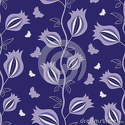 Floral climbers and butterflies seamless vector pattern background. Climbing flowers on vine backdrop in periwinkle Vector Illustration