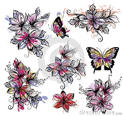 Floral collection of vector flowers with watercolor colorful spo Stock Photo