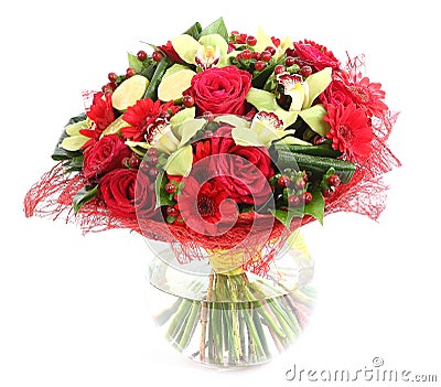 Floral composition in glass, transparent vase: red roses, orchid Stock Photo