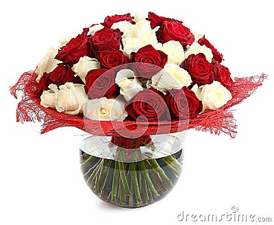 Floral compositions of red and white roses. A large bouquet of mixed colored roses. Design a bouquet of different color roses Stock Photo