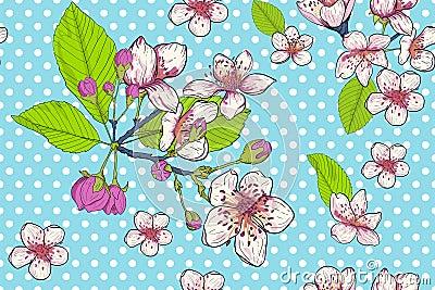 Floral conception background. Cherry flowers on the pastel blue screen with white polka dots. Vector Illustration