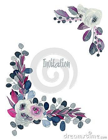 Floral corner borders of watercolor indigo and crimson roses and plants Stock Photo