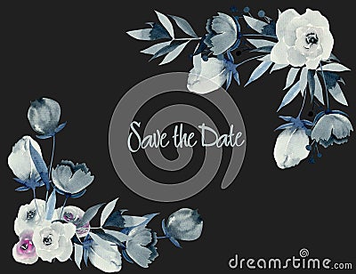 Floral corner borders of watercolor indigo roses and plants Stock Photo