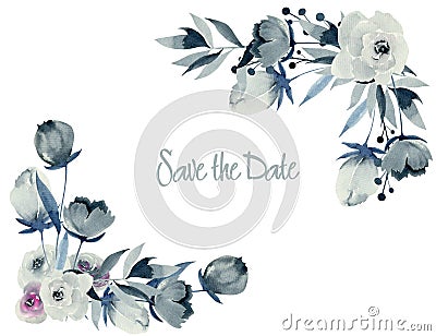 Floral corner borders of watercolor indigo roses and plants Stock Photo