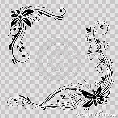 Floral corner design. Ornament black flowers on transparent background - vector stock. Decorative border with flowery Vector Illustration