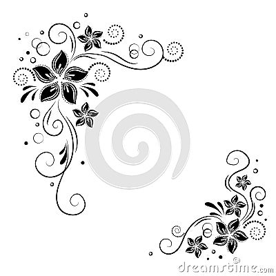 Floral corner design. Ornament black flowers on white background - vector stock. Decorative border with flowery elements Vector Illustration