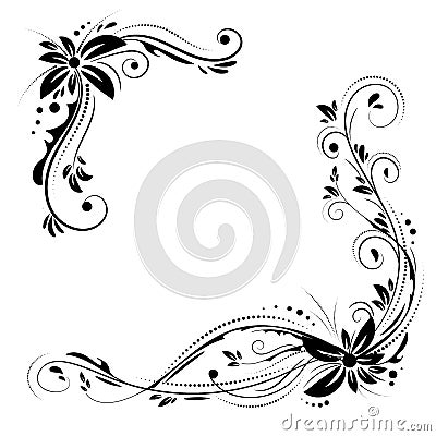 Floral corner design. Ornament black flowers on white background Vector Illustration