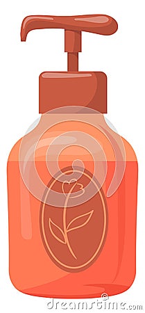 Floral cosmetic bottle with plastic pump. Cartoon icon Vector Illustration