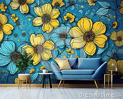 floral craft wallpaper with golden dark sky-blue and yellow flowers. Cartoon Illustration