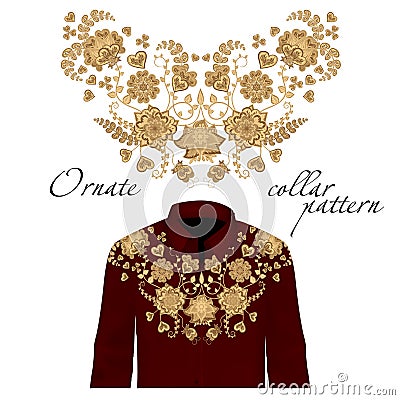 Floral curl neck embroidery for blouses. Vector, illustration. Decoration for clothes. Front collar design. Vector Illustration