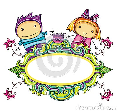 Floral curly frame with cute boy and girl (floral Vector Illustration