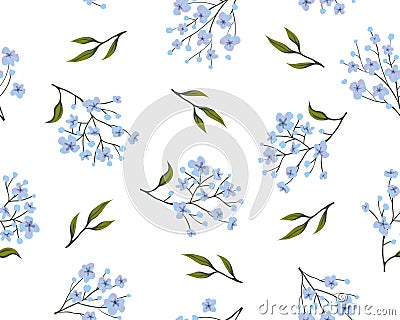 Floral cute seamless pattern. Romantic hand drawn simple ornament. Motifs scattered random. Vector wallpaper with blue Vector Illustration