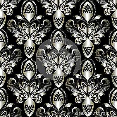 Floral 3d paisley seamless pattern. Vector vintage black background. Hand drawn silver Vector Illustration