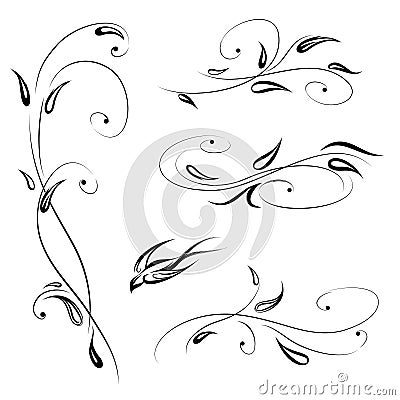 Floral decor with bird. Swirl line stylish flower set decorative Stock Photo