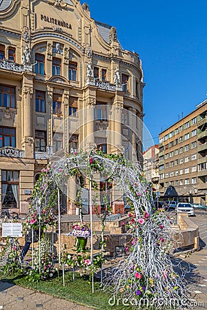 Floral decorations in Victory Square, Timisoara, Romania Editorial Stock Photo