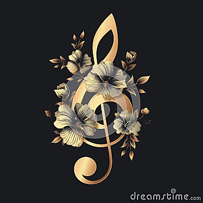 Floral decorative golden treble clef, patterned musical sign. Stock Photo