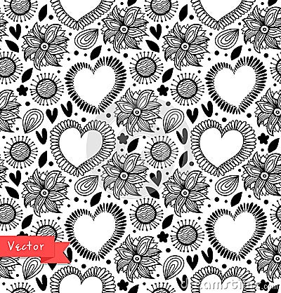 Floral decorative seamless pattern. Black and white vector background with hearts and flowers. Fabric vintage texture. Vector Illustration