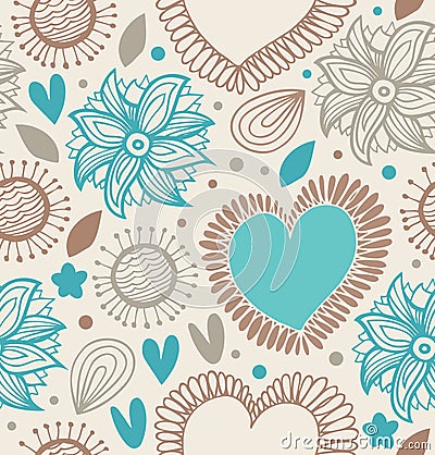 Floral decorative seamless pattern. Doodle background with hearts and flowers Vector Illustration