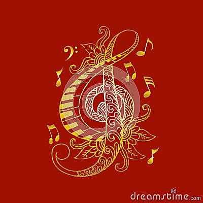 Floral Decorative Treble Clef. Cartoon Illustration